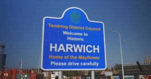 Video still showing welcome sign for Harwich