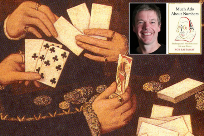 Elizabethan card players. Photo of Rob Eastaway and Much Ado About Numbers book cover