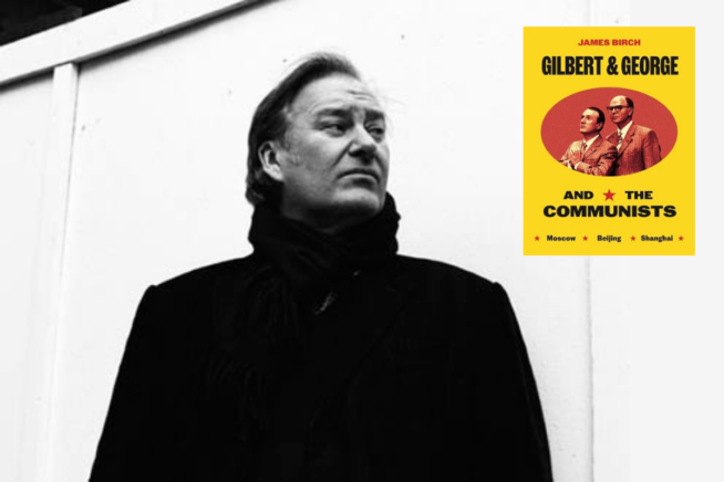 Author James Birch standing, dressed in a high neck black coat. Image of book cover overlayed onto author photo