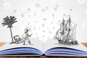 Illustration of an open book with pirate ship, pirate and letters floating up off of the pages