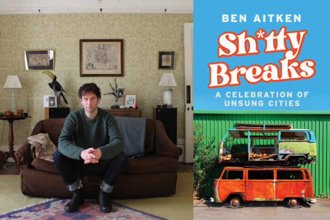 Photo of Ben Aitken alongside book cover image of Sh*tty Breaks