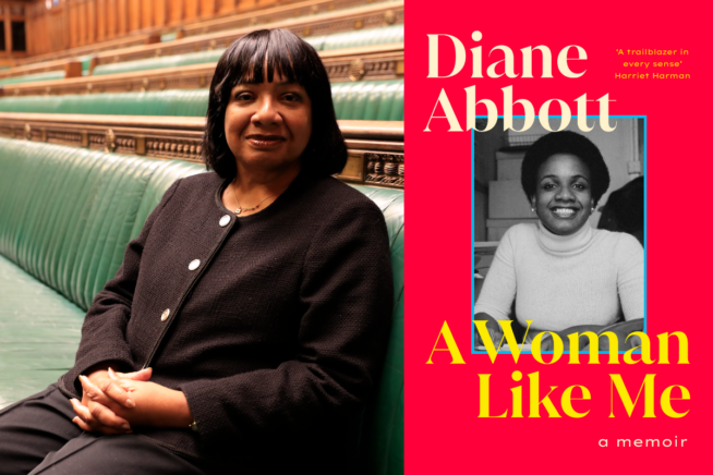 Photo of Diane Abbott alongside book cover image of A Woman Like Me