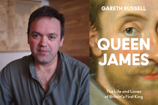 Photo of Gareth Russell alongside book cover image of Queen James