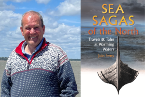 Photo of Jules Pretty next to book cover image of Sea Sagas of the North