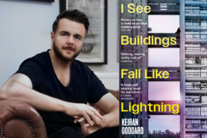 Photo of Keiran Goddard alongside image of book cover I See Buildings Fall Like Lightning