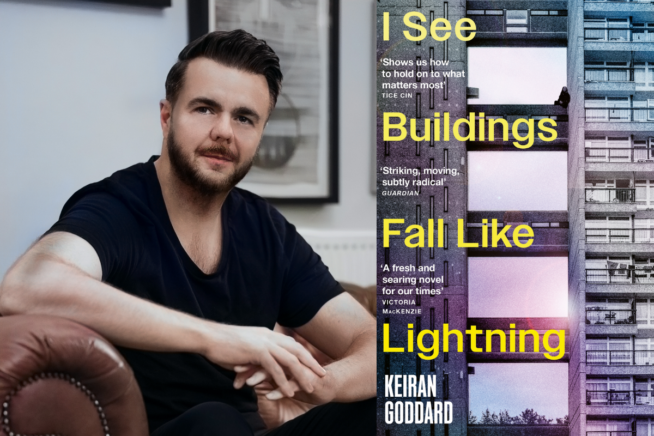 Photo of Keiran Goddard alongside image of book cover I See Buildings Fall Like Lightning