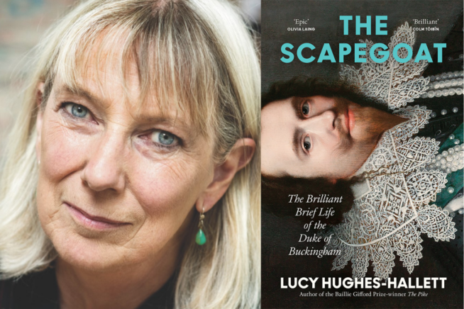 Photo of Lucy Hughes-Hallett alongside book cover image of The Scapegoat