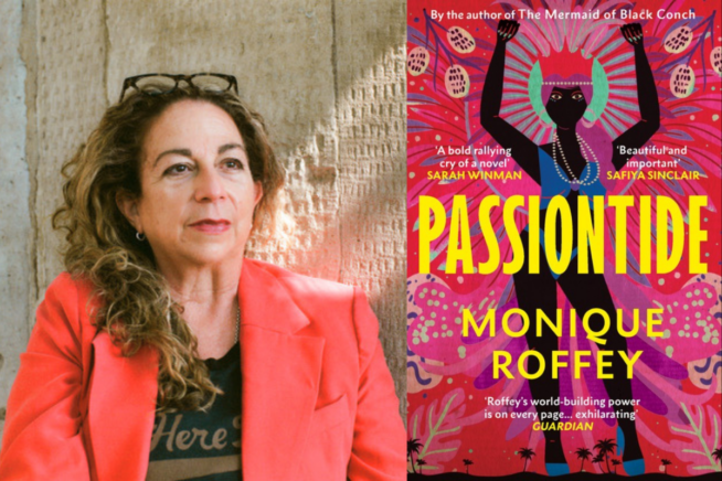 Photo of Monique Roffey alongside image of book cover for Passiontide