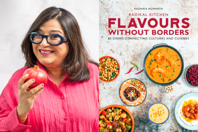 Photo of Radhika Howarth alongside book cover image of Flavours Without Borders