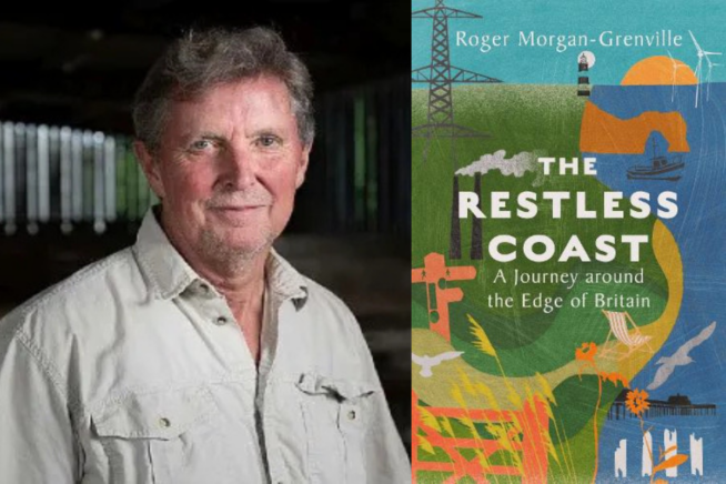 Photo of Roger Morgan Grenville alongside book cover image of The Restless Coast
