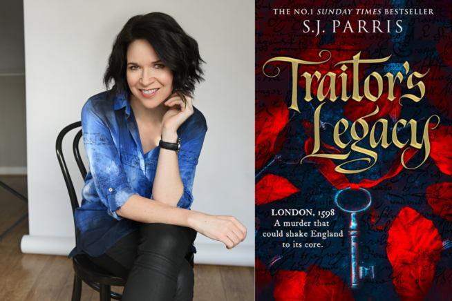 Photo of SJ Parris alongside book cover image of Traitor's Legacy