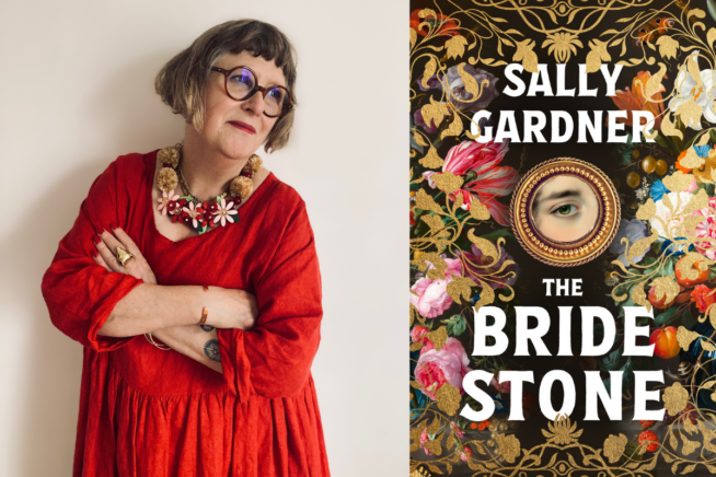 Photo of Sally Gardner alongside image of book cover of The Bride Stone