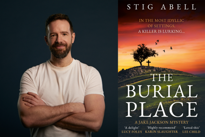 Photo of Stig Abell alongside image of book cover of The Burial Place