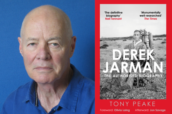 Photo of Tony Peake alongside book cover image of Derek Jarman: The Authorised Biography