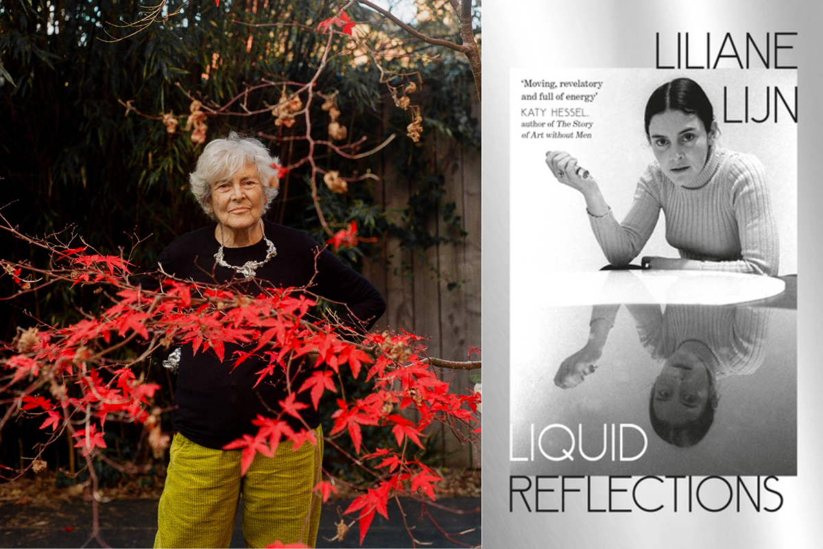 Photo of Liliane Lijn alongside book cover of Liquid Reflections